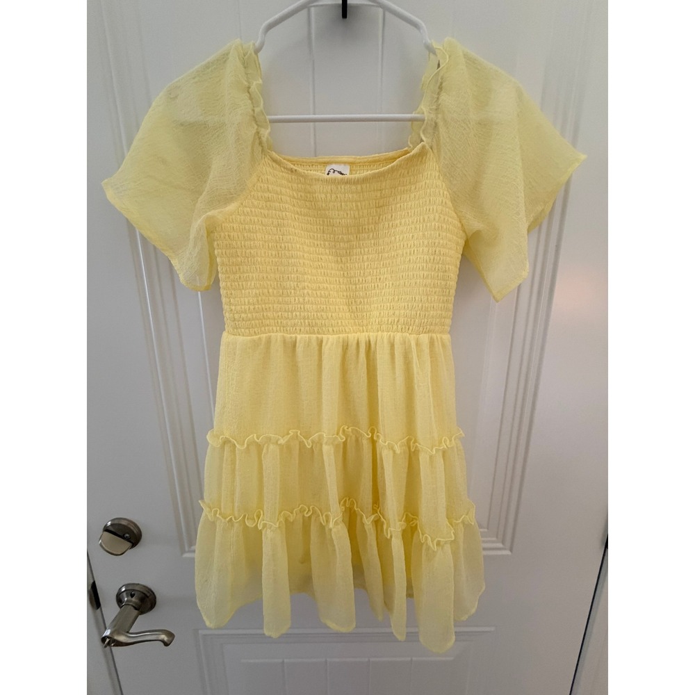 Art Class Girls Yellow Smocked Tiered Ruffle Dress Flutter Sleeve Size M 8